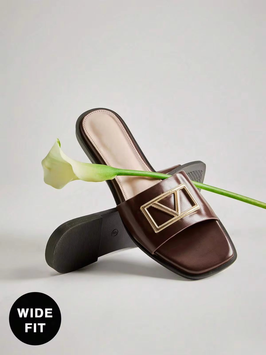 SHUZIA Women's Square Toe Signature Gold Oversized Sculptural Buckle Pu Coffee Slide Sandals – Soft Cushions, Chic, Comfortable & Easy To Pair